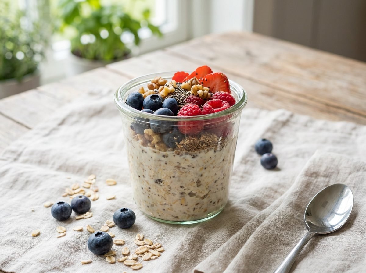Overnight oats with berries and chia — a low-cholesterol breakfast