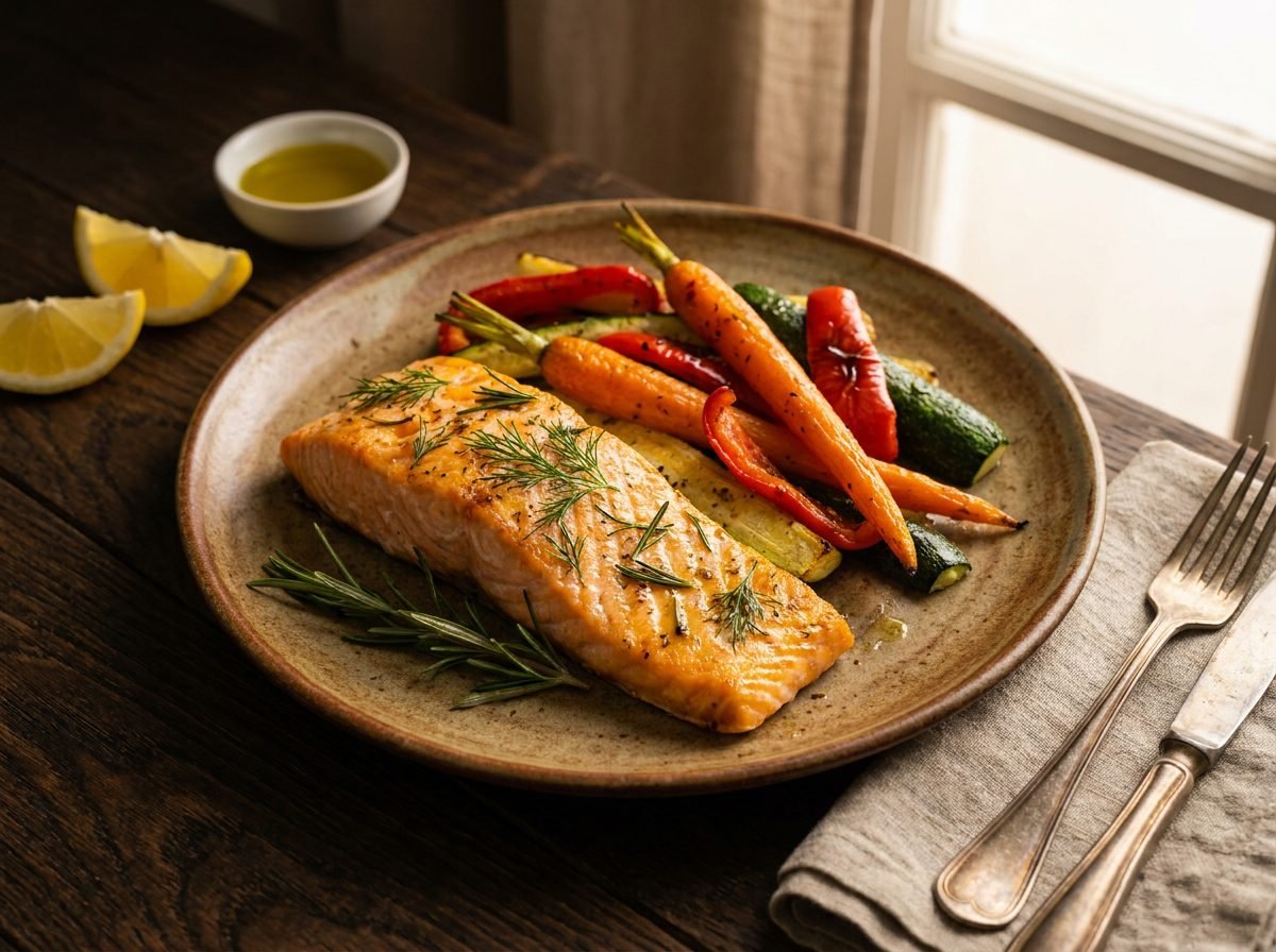 Baked salmon with herbs and roasted vegetables — heart-healthy dinner