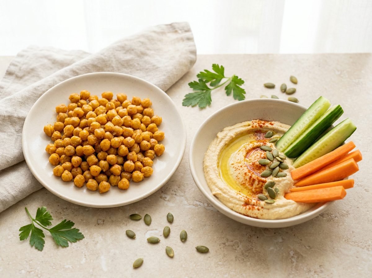Roasted chickpeas and hummus with vegetables — smart heart-healthy snacks